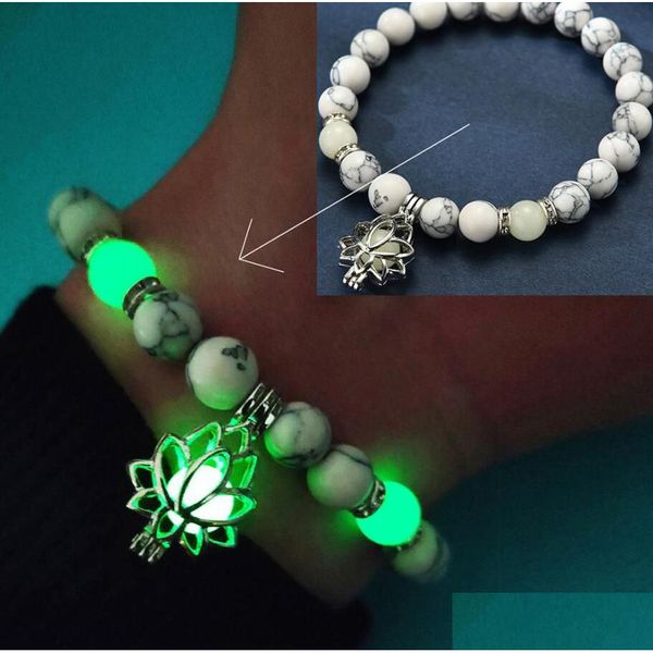 Pulseras con dijes Pulsera de piedras de malaquita natural Luminoso que brilla intensamente en la oscuridad Flor de loto en forma para mujeres Yoga Oración Budismo Dr Dhnja