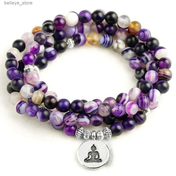 Pulseras con dijes Natural Mate Rayas Púrpuras Moda Yoga Ohm Pulsera Nuevo Diseño Mujeres Joyería Curativa Moda 108 Mala Pulseras Hombres GiftL23121