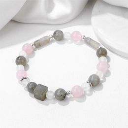 Bracelets de charme Bracelet en pierre mélangée naturelle Cube rond rectangle Labradorite perle Quartzs cristal extensible Bracelet pour les femmes