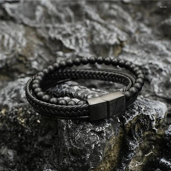 Braceletas Charmet Natural Pulsera de piedra de ónix Café negro trenzado Bebado de acero inoxidable de acero inoxidable Joyería masculina