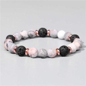 Charm Bracelets Natural Pink Zebra Stone Beads Bracelet 8mm Lava Volcanic Beaded Charm Bracelet Yoga Jewelry para Mujeres Hombres Amistad Pulsera AA230403