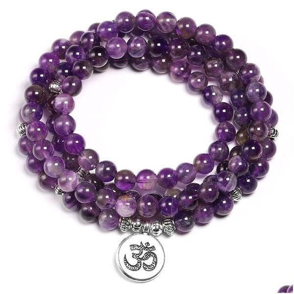 Braceletas Charmets Natural Purple Crystal Amethysts de 6 mm Cabeño Yoga 108 Mala Piedra para mujeres Joyas de energía de loto 230215 Drop del Dhkgp