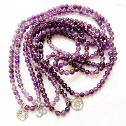 Bracelets de charme Cristaux de quartz violet naturel Pierre 108 Perles Mala Collier Élastique Tibétain Bouddhiste Bracelet 8mm OM Symbole Terre