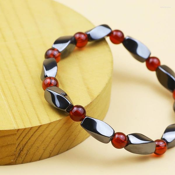 Pulseras de encanto Natural Red Carnelian Piedra Beads Hematita Pulsera Moda Mujeres Hombres Estilo Geométrico Con Cuentas Estiramiento Regalo Joyería Yoga