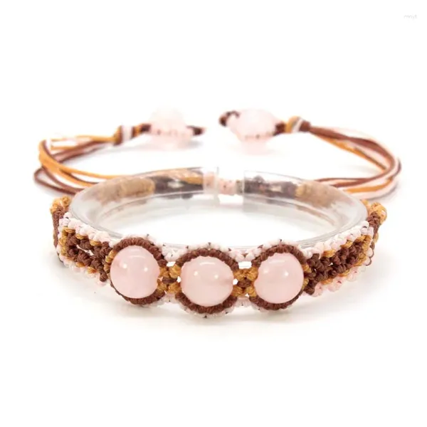 Pulseras de encanto Natural Rose Crystal Cuarzo Cuentas redondas Hilo hecho a mano Cuerda Envuelta Trenzada Macrame Pulsera de piedra Joyería para mujeres Niñas