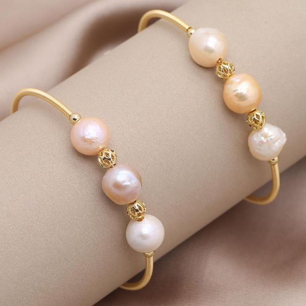 Bracelets porte-bonheur naturel forme ronde perle bracelet ouvert culture d'eau douce grandes et petites perles en alliage de cuivre pour bijoux femmes cadeau fête