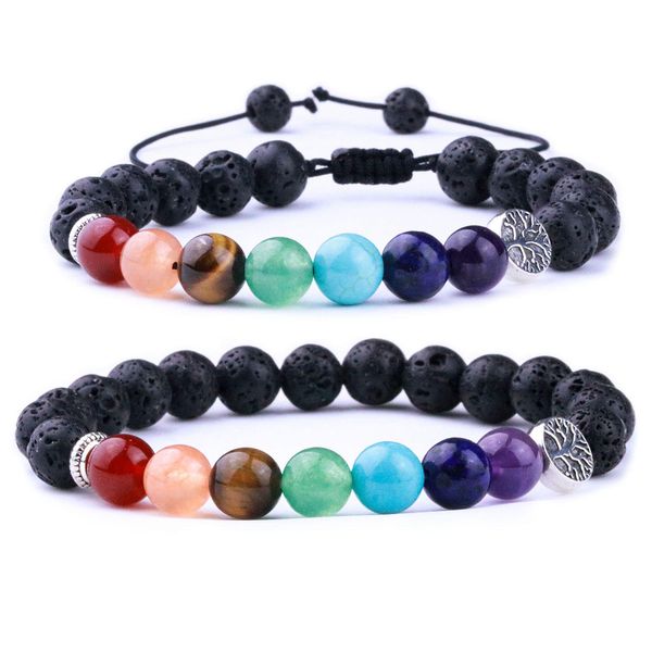 Pulseras con dijes Piedra natural 7 Chakra Lava negra Árbol de la vida Tejido Pulseras con dijes Aromaterapia Aceite esencial Difusor Bra Dhgarden Dhkkf