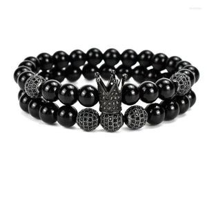 Bracelets porte-bonheur perles de pierre naturelle Bracelet ensemble pour femmes hommes bijoux Pulsera Hombre boule de cuivre amitié couronne noire brassard