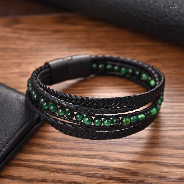 Bracelets de charme Bracelet de perles de pierre naturelle hommes en cuir véritable tressé noir en acier inoxydable fermoir magnétique bracelets bijoux en gros