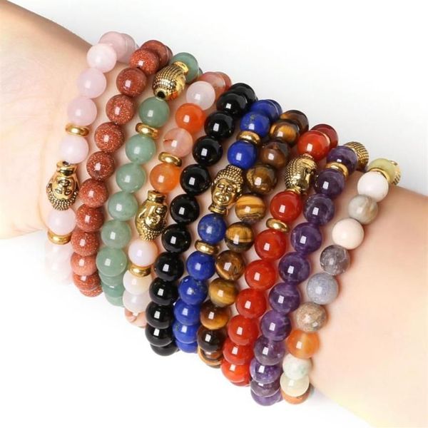 Pulseras de encanto Cuentas de piedra natural Oro Buda Cabeza Pulsera Ojo de tigre Yoga Brazaletes con cuentas para hombres Mujeres Amigo Gift271e