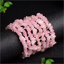 Pulseras con dijes Pulsera de piedra natural Amatista Fluorita Irregar Stretch Chip Beads Nets Pink Crystal Bangles Pulsera para mujer Dr Dhrd9