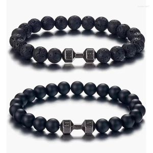 Bracelets de charme Bracelet perlé en pierre naturelle pour hommes Classic Matte Black Volcanic Women Barbell Fitness Bijoux Gift