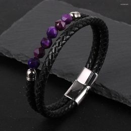 Bracelets de charme visages en pierre naturelle violet oeil de tigre couches de perles bracelet en cuir véritable boucle en acier inoxydable Pulseiras Masculina