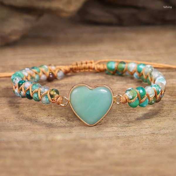 Braceletas Charmet Forma de corazón de piedra natural para mujeres Handamde String Braided Wrap Wrap Yoga Bracelet