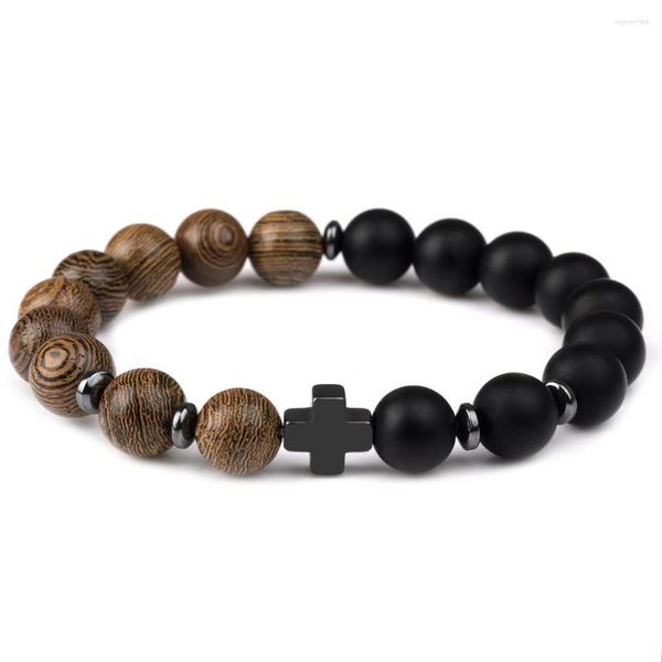 Pulseras con abalorios, piedra Natural, hematita, Cruz, cuerda elástica, esmerilado, ágata negra, pulsera de cuentas para hombres y mujeres, joyería