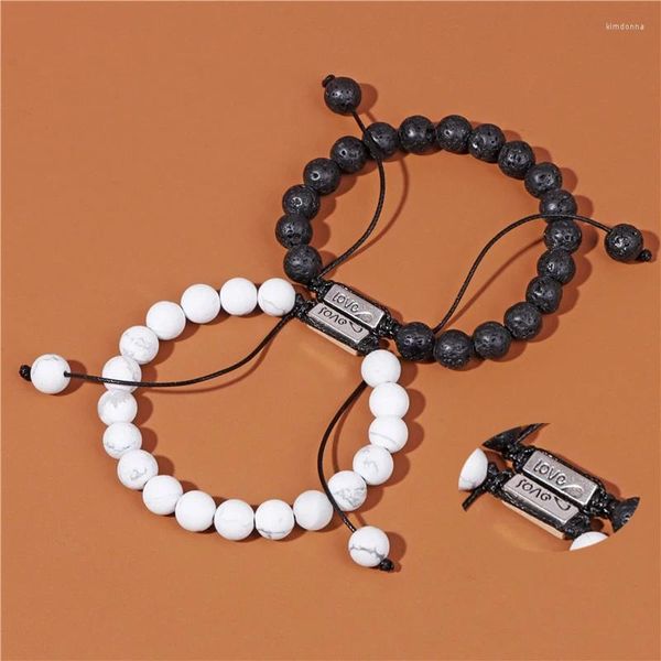 Pulseras de encanto Piedra natural Cuerda Tejido Pareja Blanco Howlite Negro Lava Pulsera Mujeres Hombres Regalos