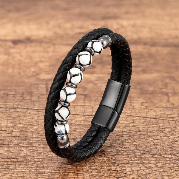 Bracelets porte-bonheur pierre naturelle football pour hommes 8mm perles Football sport bracelets en cuir bracelet décontracté bijoux