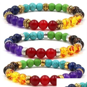 Bracelets de charme Bracelets de pierres naturelles 7 Chakra 8mm Yoga Perles Bracelet Hommes Femmes Reiki Guérison Ncing Bracelet Pour Coupl Dhseller2010 Dh9Xi