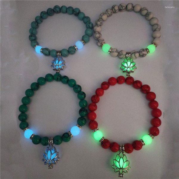 Pulseras con dijes Piedras naturales Luminoso que brilla en la oscuridad Pulsera de yoga en forma de loto para regalo de mujer