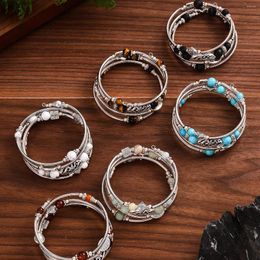 Bracelets à breloques Turquoise naturelle/Tigereye Winding Bracelet Multi-Circle Layered Stone Beaded For Women