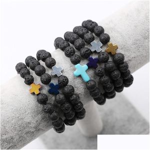 Bedelarmbanden Natuurlijke vulkanische lavasteen Kruisarmband Essentiële olie Per diffuser Armbanden Stretch Yoga Sieraden Drop De Dhgarden Dhvdz