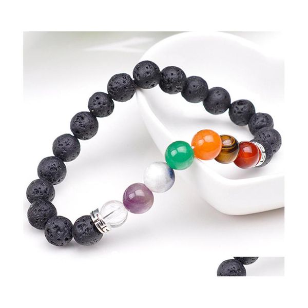 Pulseras con dijes Piedra de lava volcánica natural 7 Chakra Brazalete Cuentas de yoga Pulsera difusora de aceite esencial para mujeres Hombres Joyería DHS DrO Dh2Oi