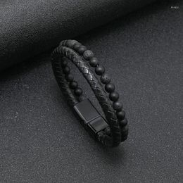 Bracelets porte-bonheur alliage de pierre volcanique naturelle Bracelet en cuir pour hommes véritable peau de vache tressée boucle magnétique cadeau