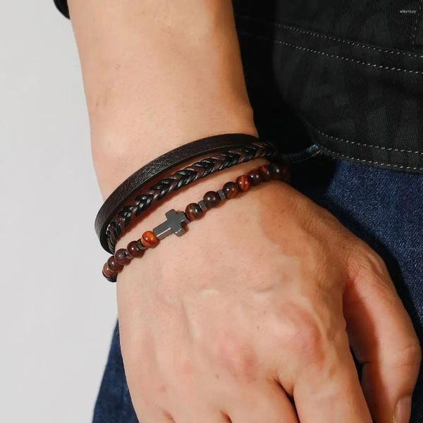 Bracelets de charme Pierre volcanique naturelle Bracelet en acier inoxydable pour hommes Perles de croix d'oeil de tigre Barcelet pour hommes Accessoires de bijoux