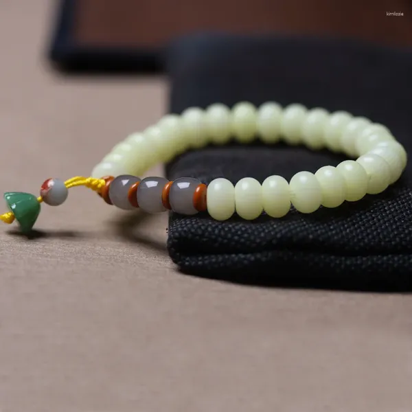 Pulseras de encanto Meteorización natural Raíz de Bodhi amarilla con piezas de núcleo de olivo Accesorios de loto Pulsera de cuentas de Buda de jade blanco