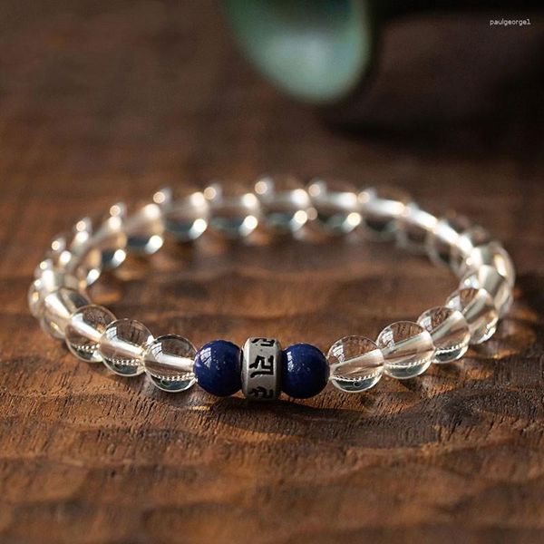 Bracelets de charme Cristal blanc naturel avec perles de Bouddha Six mots Vérité Lapis Lazuli Bracelet à anneau unique pour hommes et femmes