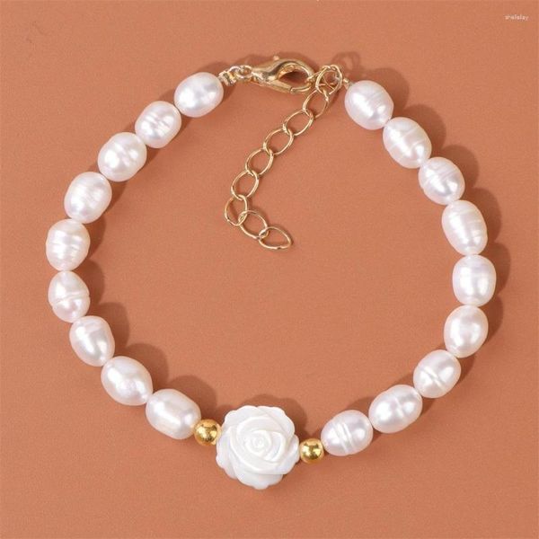 Pulseras con abalorios, perlas irregulares blancas naturales, pulsera de concha con forma de flor de ciruelo a la moda para mujer, brazalete de Reiki