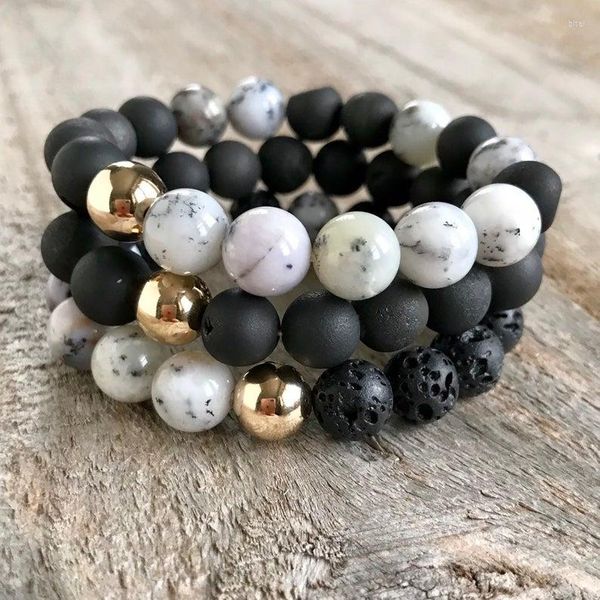 Pulseras con abalorios, ópalo blanco Natural, lava negra, Druzy, geoda, ágatas, cuentas redondas de 10mm, pulsera elástica elástica para mujer, moda hecha a mano