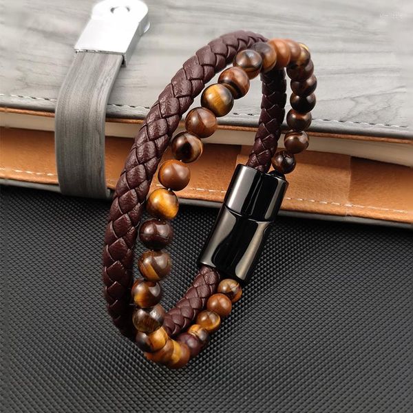 Bracelets porte-bonheur collants jaunes naturels oeil pierre Bracelet perlé pour hommes Vintage en acier inoxydable fermoir magnétique Wrap Bracelet bijoux cadeau