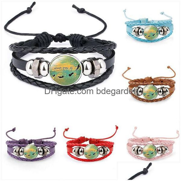 Bracelets de charme ne grandissent jamais enfant 6 couleurs chaînes de corde en cuir tressé enfants rêve verre cabochon bracelet mode garçon fille bijoux D Dhafq