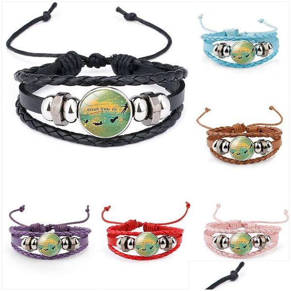 Pulseras con dijes Never Grow Up Kid 6 colores Cadenas de cuerda de cuero trenzado Niños Dream Glass Cabochon Bangle Moda Boy Girl Jewelry Dhatq