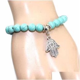 Pulseras con dijes Nueva llegada 8 mm Cuentas de turquesa Hamsa Pulseras con dijes de mano Joyería étnica turca Relins Mujeres EE. UU. Yoga Gota Dhgarden Dhya7