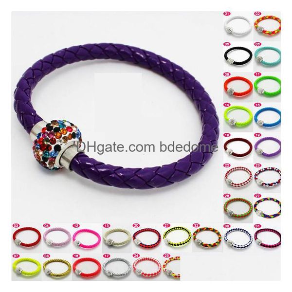 Bracelets de charme Nouveau bracelet de bouton magnétique en cuir PU tressé CZ Disco Crystal Perle Bracelet Mticolor Handcraft Cadeau Drop Livraison Juif Dhigc