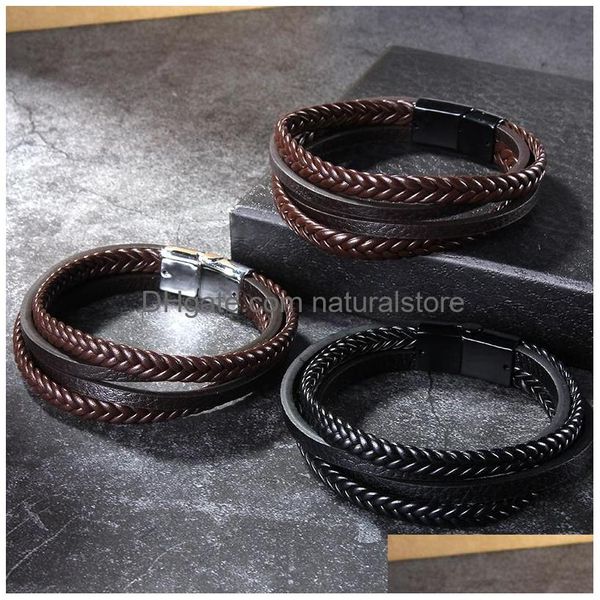 Bracelets de charme Nouveau Classique Mti Couche Bracelet En Cuir Pour Hommes Vintage Tressé Corde Bracelet Fermoir Magnétique Mens Bijoux De Mode Gif Dhnb8