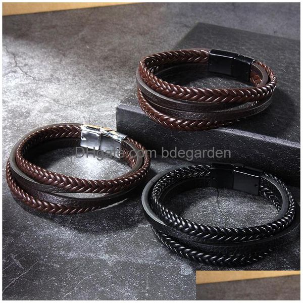 Bracelets de charme Nouveau classique MTI couche bracelet en cuir pour hommes vintage corde tressée bracelet fermoir magnétique hommes bijoux de mode cadeau Dhovb