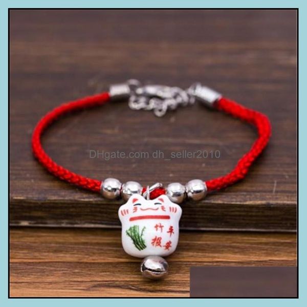 Bracelets de charme Nouveau mignon chat chanceux perles en céramique bracelet sûr bracelet de corde rouge bijoux de mode faits à la main longueur réglable Dhseller2010 Dhnxz