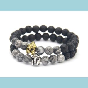 Pulseras con dijes Nuevo diseño 8Mm Piedra de lava Imagen veteado gris Jasper con pulsera de casco de guerrero romano Joyería espartana para hombre G Dhqyo