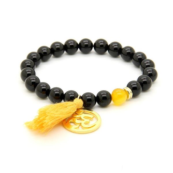 Pulseras con dijes Nuevo diseño Valentine Venta al por mayor 8Mm Black Onyx Stone Beads Tassel Stretch Yoga Big Om Pareja Pulsera Drop Delivery J Dhgtq