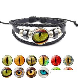 Charm armbanden nieuwe draak boze oog lederen wrap armband 3D oogbol tijd edelsteen glas cabochon drukknopen voor vrouwen mannen mode D Dhhqy