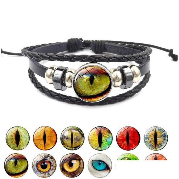 Charm Bracelets New Dragon Evil Eye Leather Wrap Bracelet 3D Eyeball Time Gemstone Glass Cabochon Botones a presión para mujeres hombres Moda D Dhq9E