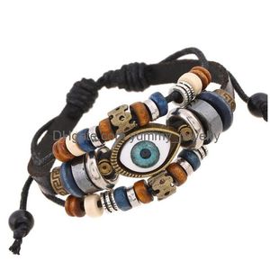 Charm Armbanden Nieuwe Boze Oog Bedelarmband Mti Gelaagde Lederen Wrap Polsband Verstelbare Bangle Voor Vrouwen Mannen Mode-sieraden Gift Dr Dhhti