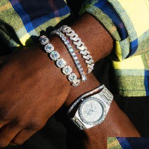 Bracelets de charme Nouvelle mode 12mm Largeur CZ Miami Cubain Lien Chaîne Hip Hop Bling Micro Pave 5A Clair Cubique Zircone Hommes Bracelet En Gros Dh2Wb