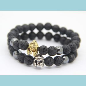 Bracelets de charme Nouvelles perles de pierre de lave noire naturelle avec bracelet de casque spartiate pour les femmes et les hommes bracelets Drop Livilor Juif Dhkre