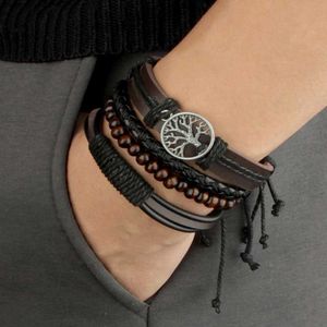 Charmearmbanden Nieuwe Raided Wrap Lederen Armband Voor Mannen Vintage Life Tree Rudder Charm Houten Kralen Etnische Tribal Polsbandje Touw Armband sieraden