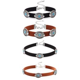 Bracelets de charme Nouvelle vente Vintage Turquoise Alliage Fleur Colliers Courts À La Mode Fête En Cuir Tour De Cou Pour Les Femmes Et Les Filles D Dhgarden Dhek3