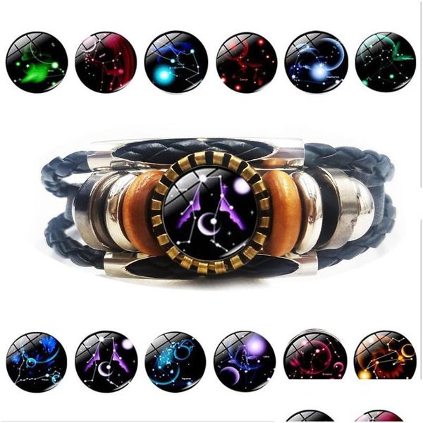 Bracelets de charme Date 12 Bracelet de signe du zodiaque pour femmes hommes Vintage Horoscope Hobby Mti couches en cuir Wrap Bracelet bijoux de mode Dht84